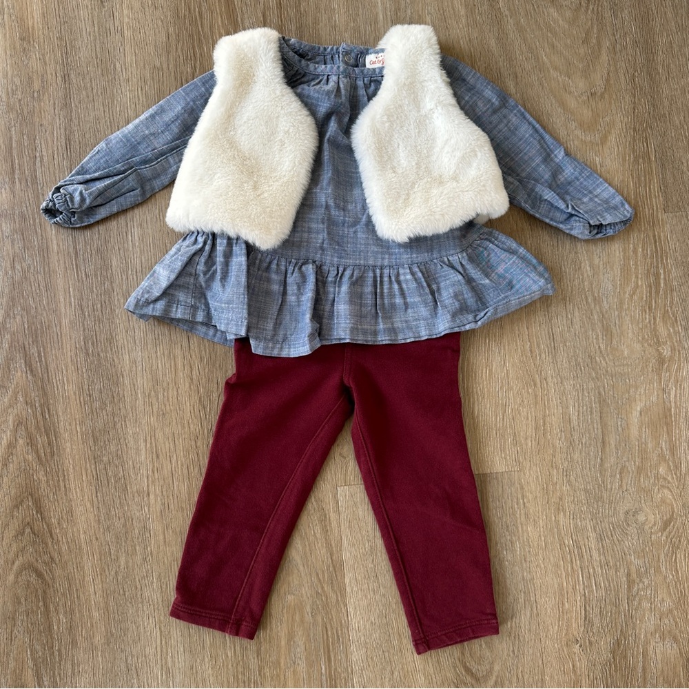 Denim Top with Faux Fur Vest and Burgundy Leggings